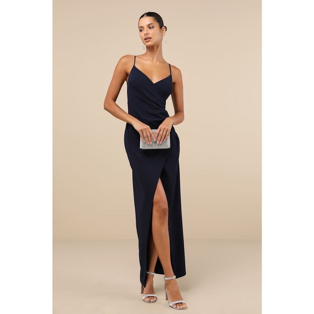 NWT Lulus Sweetest Admirer Navy Blue Ruched Surplice Maxi Dress Bridesmaid Sz S